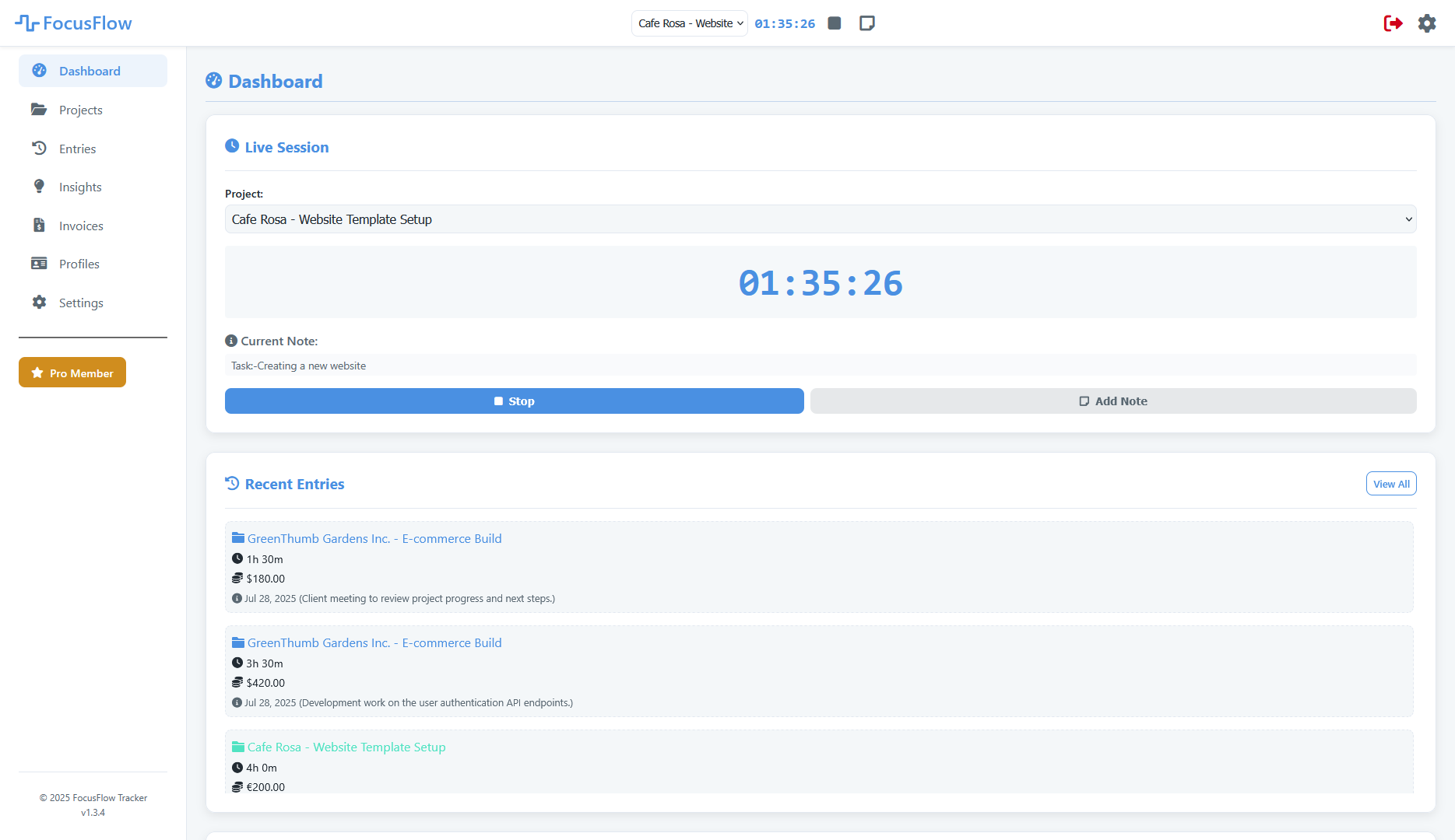 FocusFlow Dashboard showing projects and recent time entries